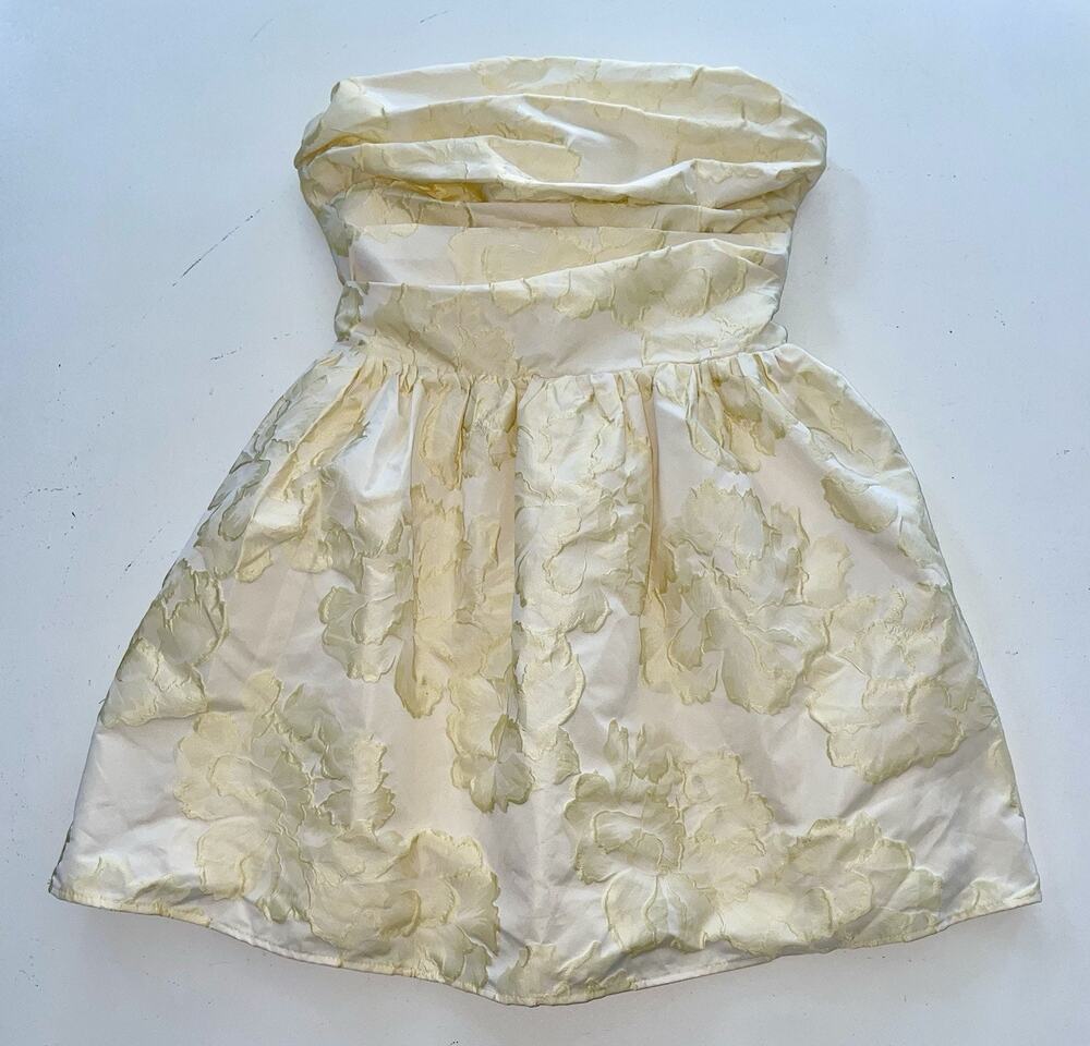 Showpo LAURE MINI DRESS Strapless Jacquard Dress Lemon Sz 10 Floral Adjustable
